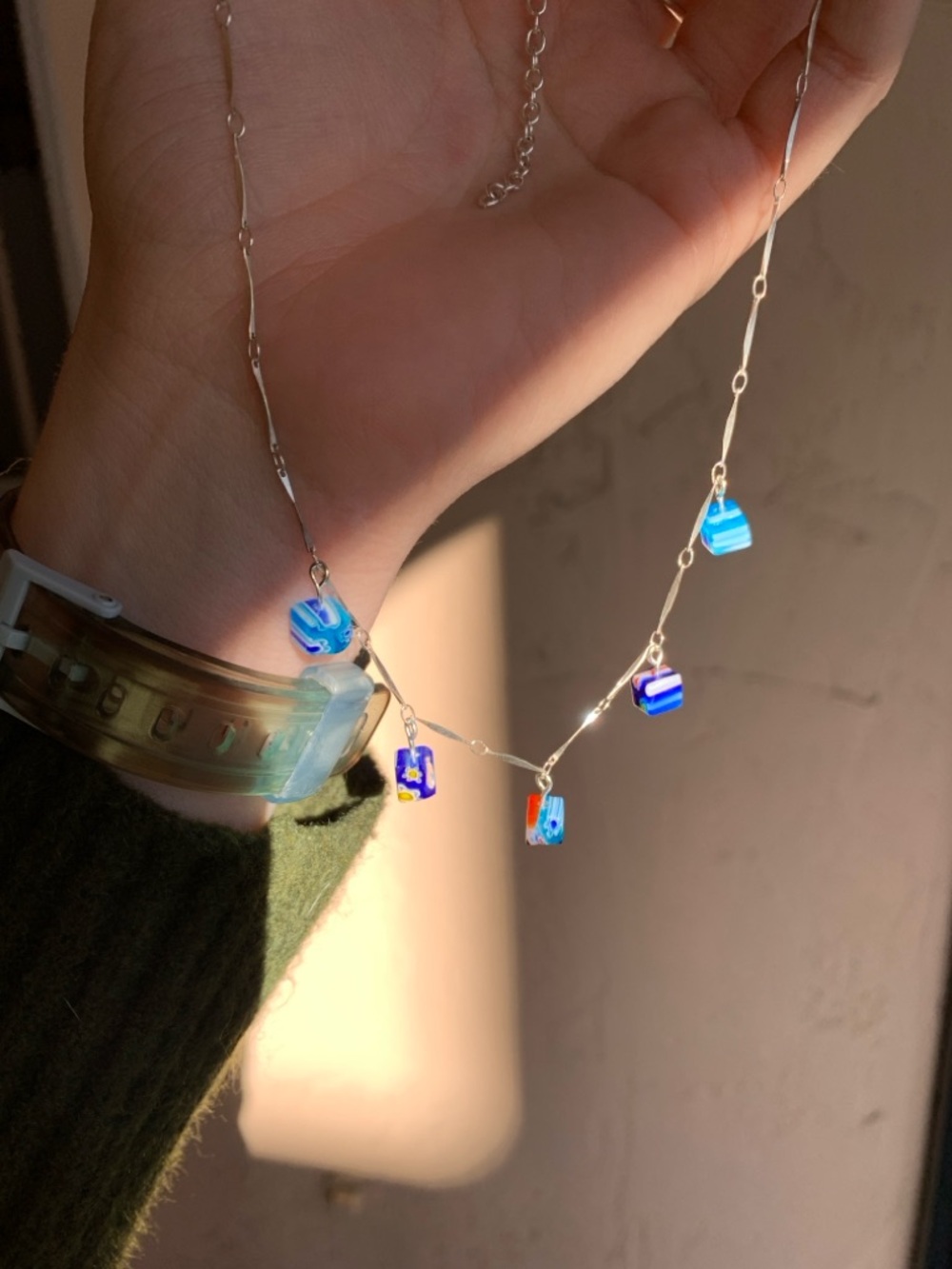 Sterling Silver Charm Necklace - Handmade Blue Glass Bead Necklace